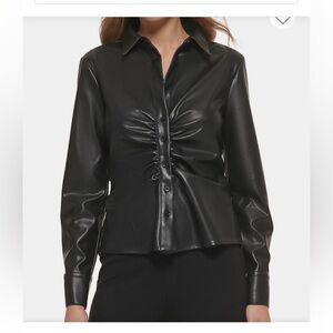 Noa Ruched Button-Up Faux Leather Shirt Jacket Medium